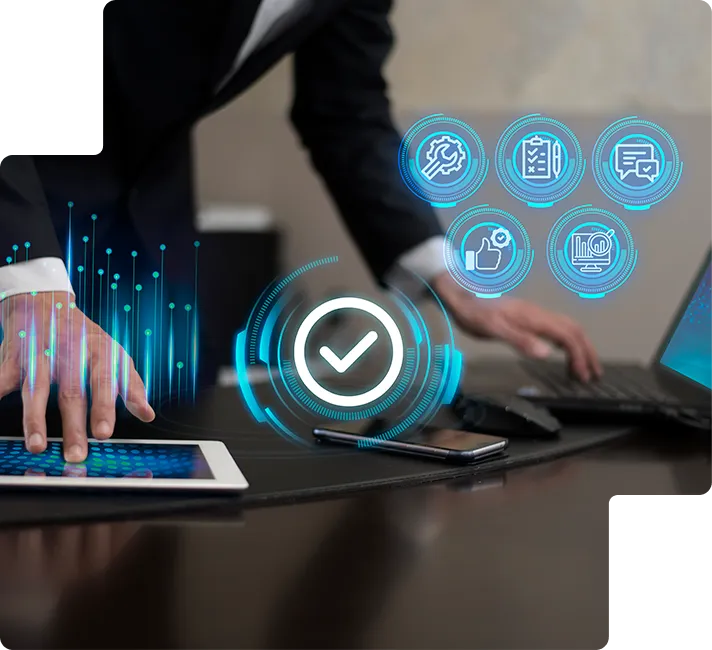 Executivo usando um tablet com ícones de serviços de TI
