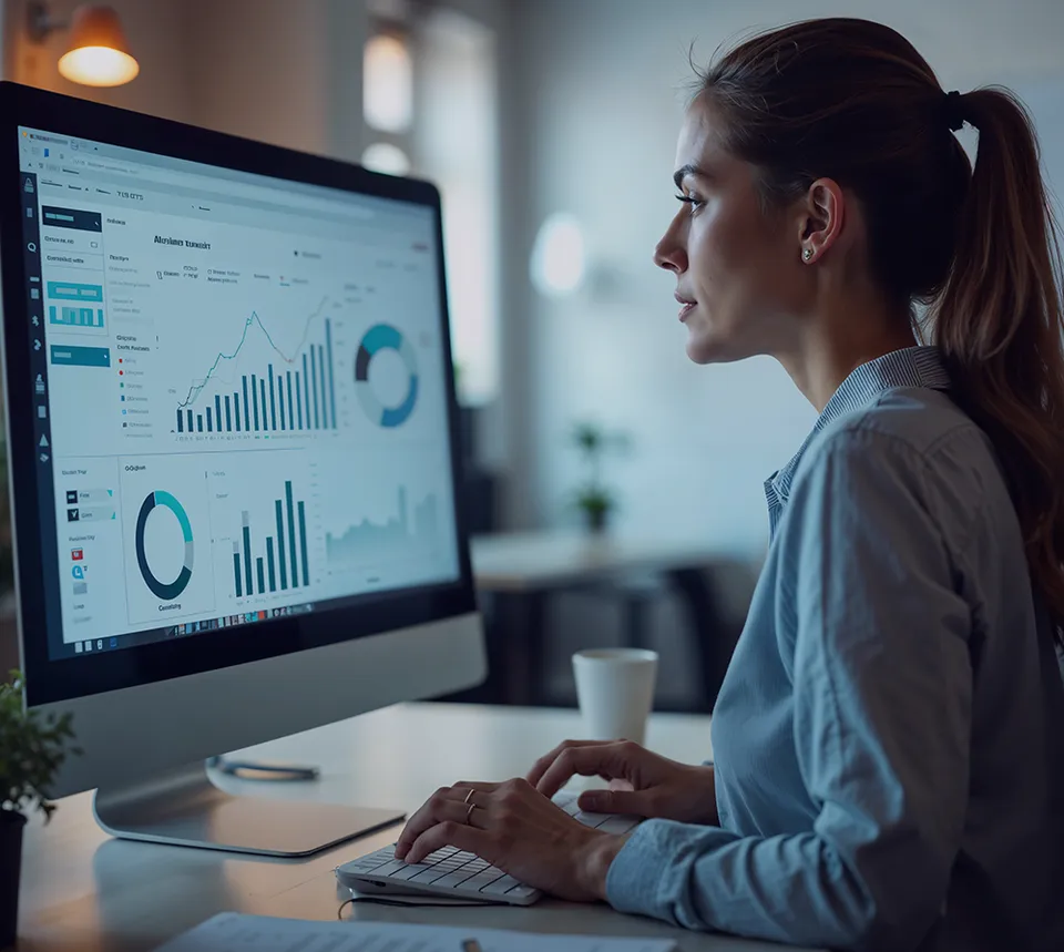 Profissional analisando dashboards em um monitor